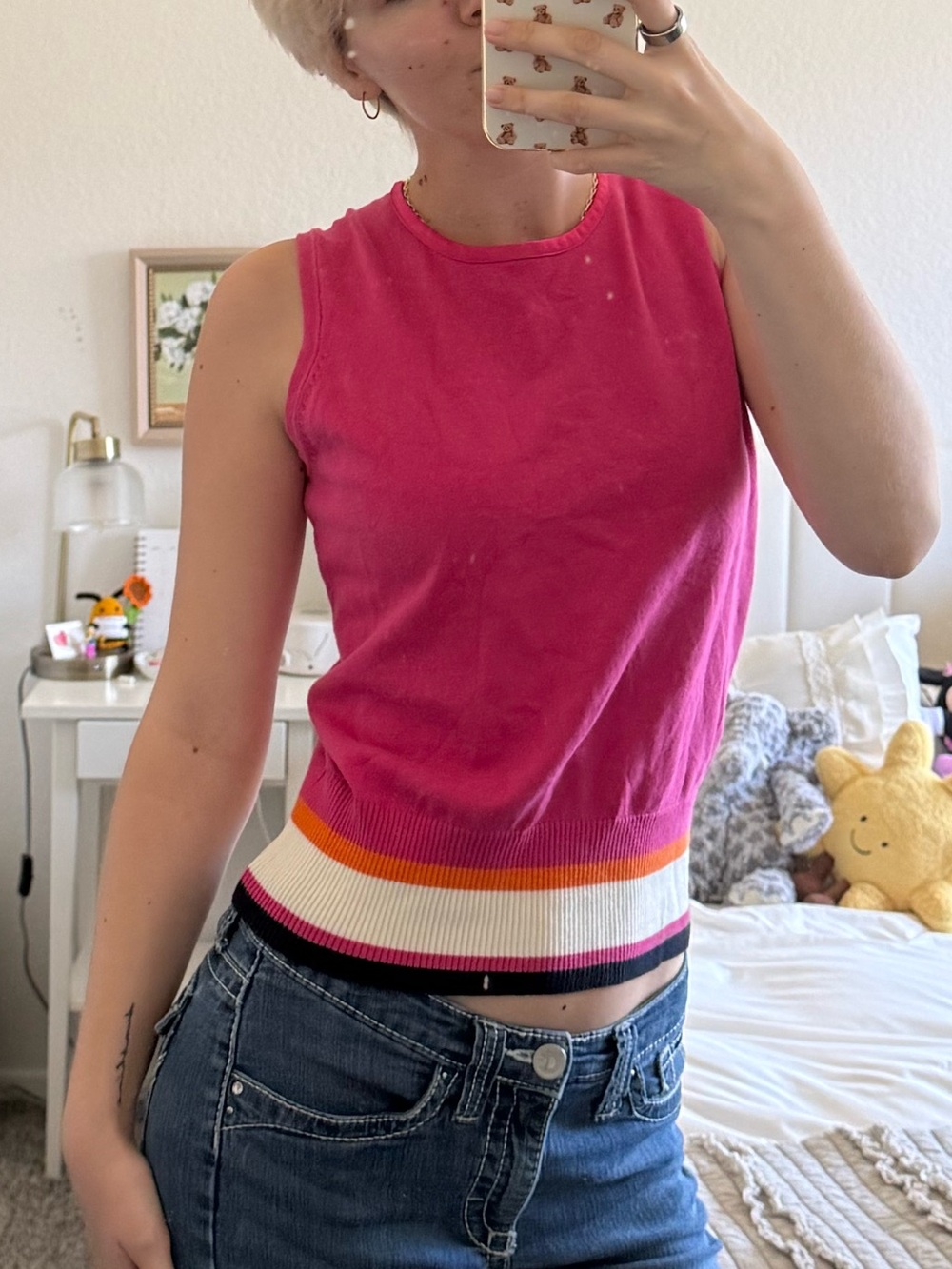 Sleeveless Pink Knit Tank with Stripe Hem